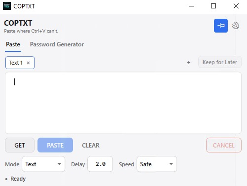 The COPTXT window: a Paste tab with a text area, a Keep for Later button, and Mode, Delay and Speed controls.